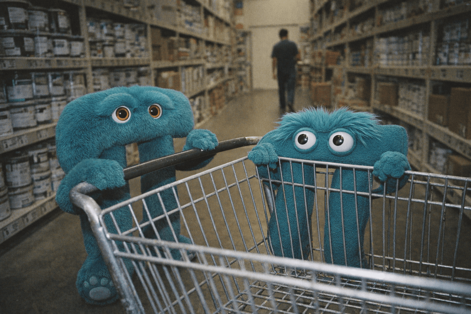The muppet pi mascot rides inside a shopping cart while the plush pi mascot pushes it down a hardware store aisle