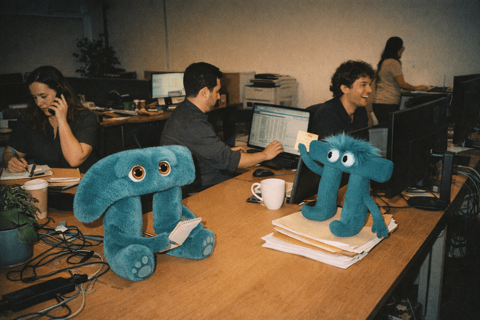A small open-plan office: a woman on the phone taking notes, a man working a spreadsheet, a colleague laughing behind him, and on the desk beside them the plush pi mascot writing in a spiral notepad while the muppet pi mascot reaches for a sticky note on a monitor
