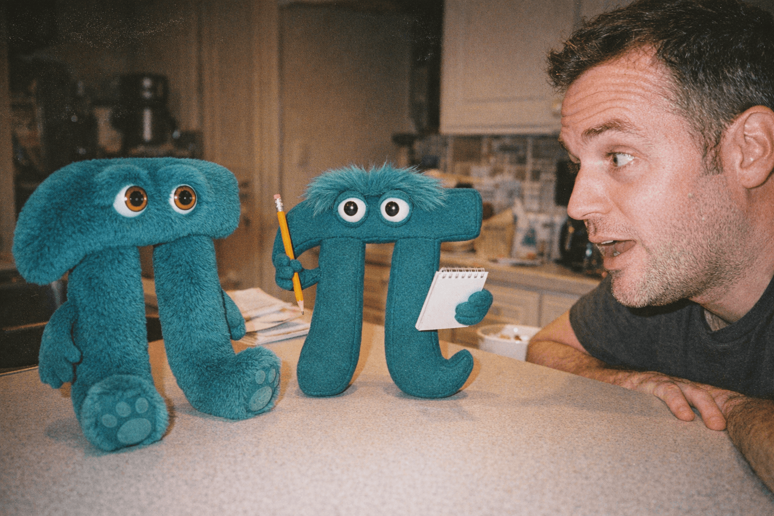 A man leaning on his kitchen counter at eye level with the two pi mascots, caught mid-sentence talking to them; the plush sits listening with both paws out while the muppet stands taking notes on a spiral pad
