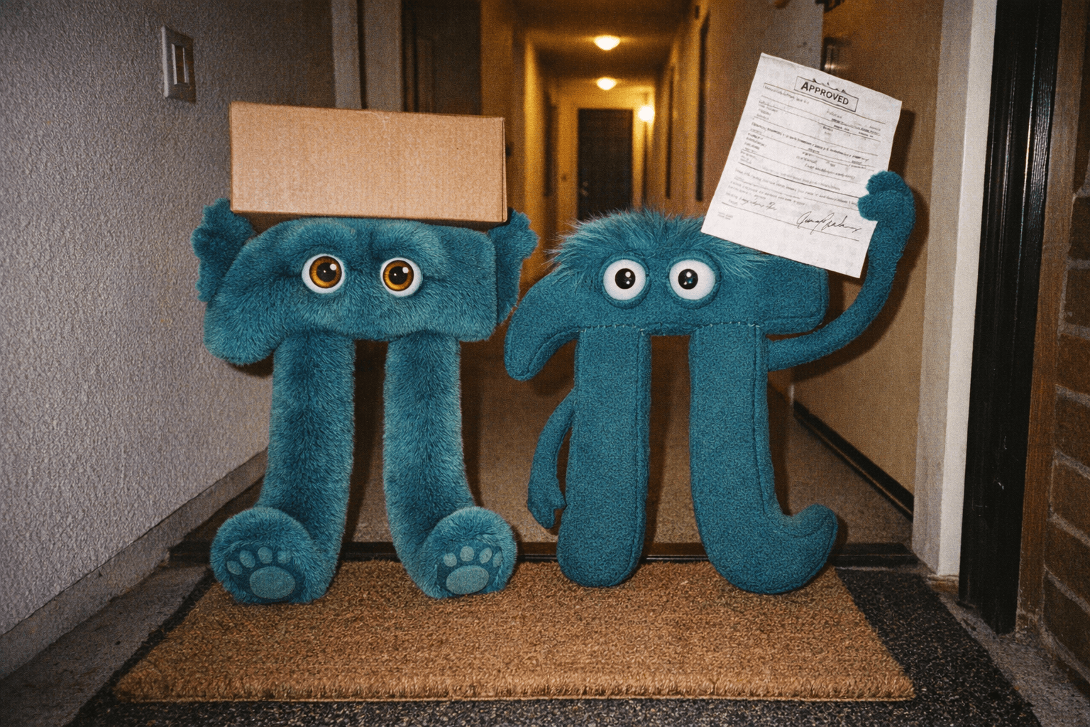 Caught at the front door signing for a package: the plush pi mascot holds the delivery clipboard mid-signature while the muppet pi mascot steadies a cardboard box, both staring wide-eyed into the camera