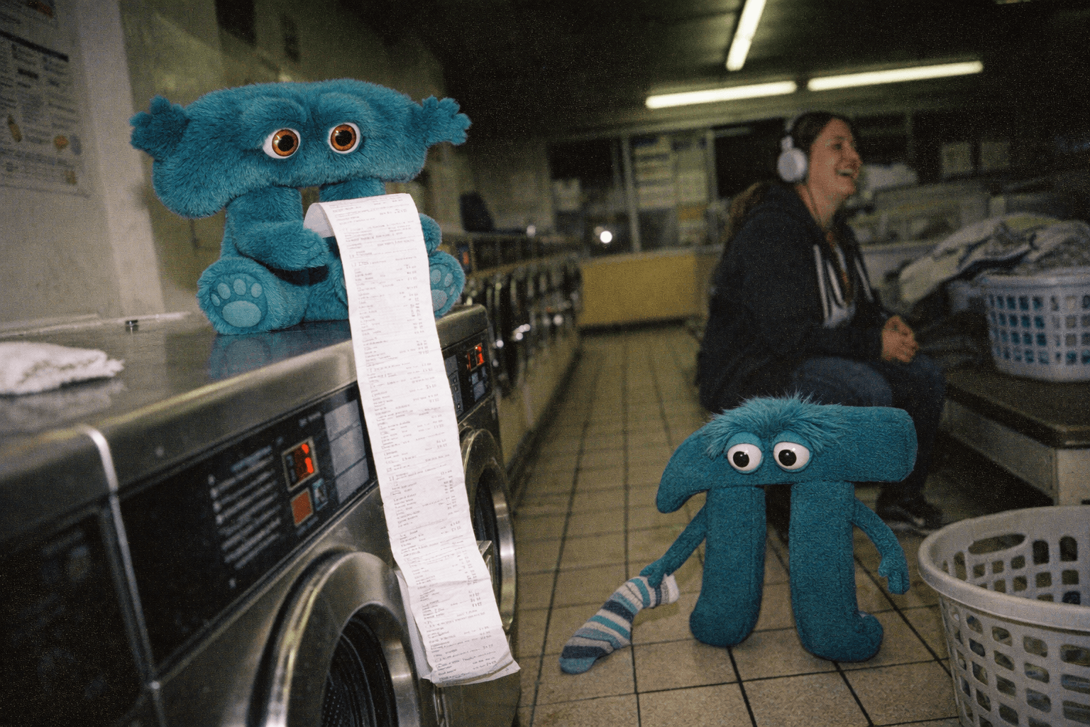 In a laundromat at night, the plush pi mascot sits on a running washer reading a long receipt while the muppet pi mascot drags a striped sock toward a basket; a woman in headphones laughs on the bench behind