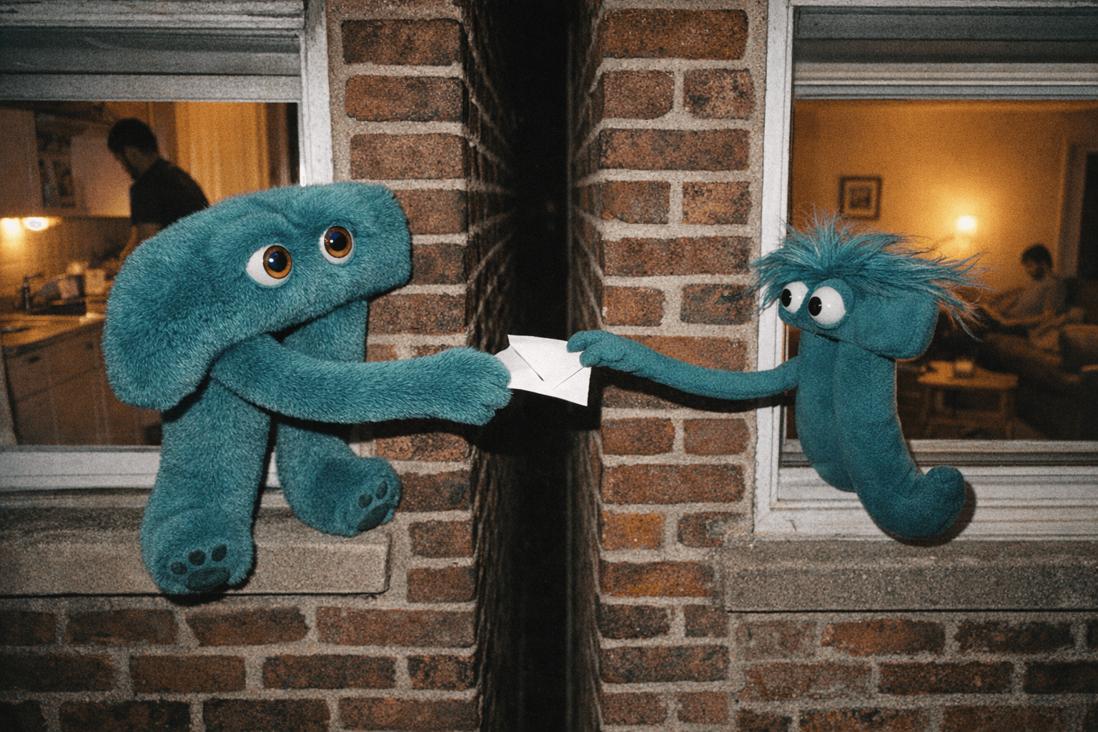 At night, the plush pi mascot leans out one apartment window passing a folded note across the gap to the muppet pi mascot in the neighboring window