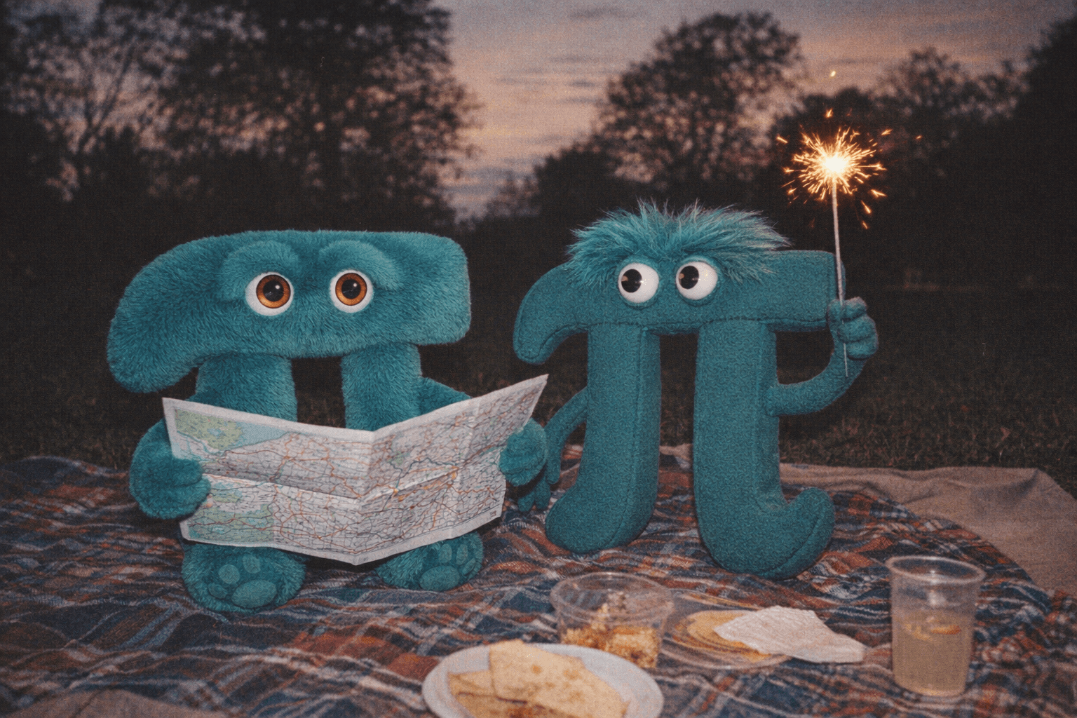 At a dusk picnic, the plush pi mascot holds a road map flat while the muppet pi mascot holds a sparkler at arm's length