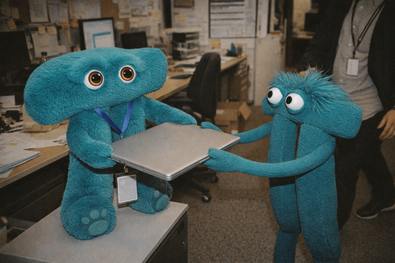 The plush pi mascot, wearing an ID badge, hands a small laptop to the excited muppet pi mascot, new equipment on day one