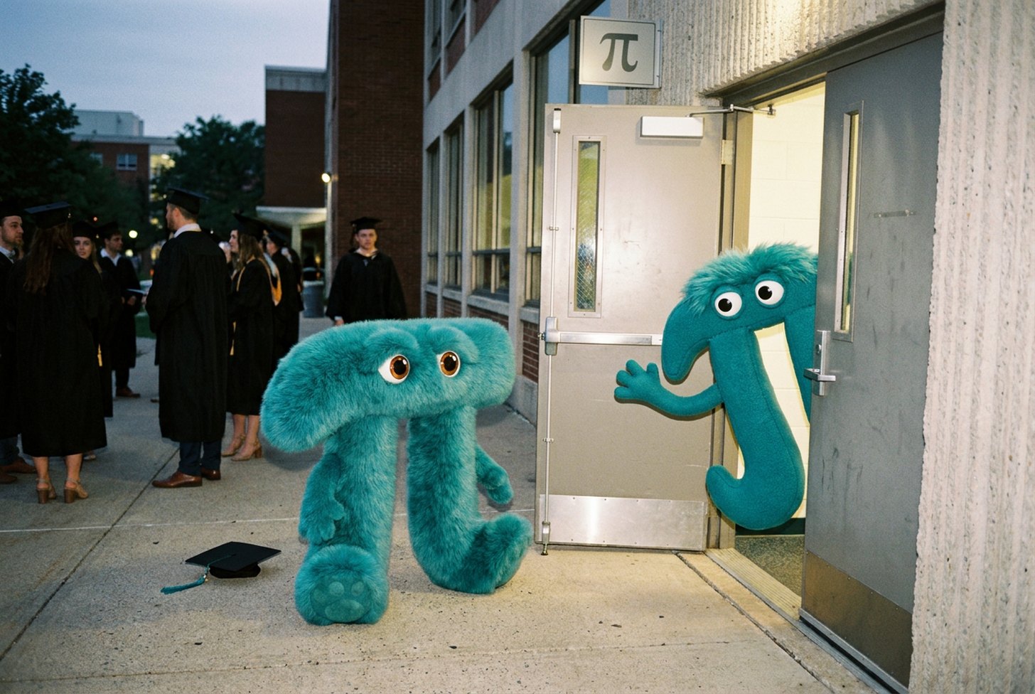 A π mascot leaning out the door of a building marked π at dusk, a graduation cap dropped on the ground, the other graduates walking away behind