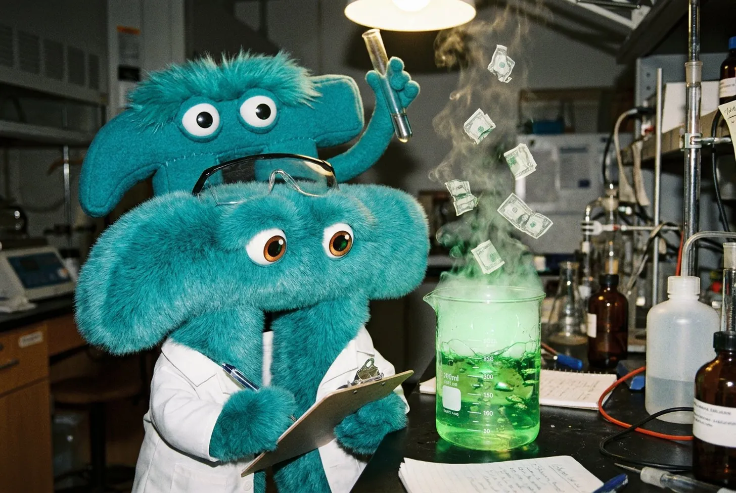 Two π mascots in lab coats and safety goggles running an experiment, dollar bills rising in the vapor off a green beaker