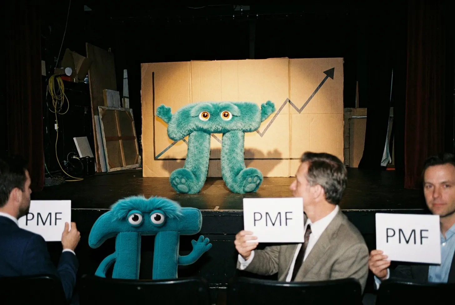 Two π mascots on a stage in front of a cardboard growth-chart, men in the audience holding up "PMF" signs — product-market-fit theater